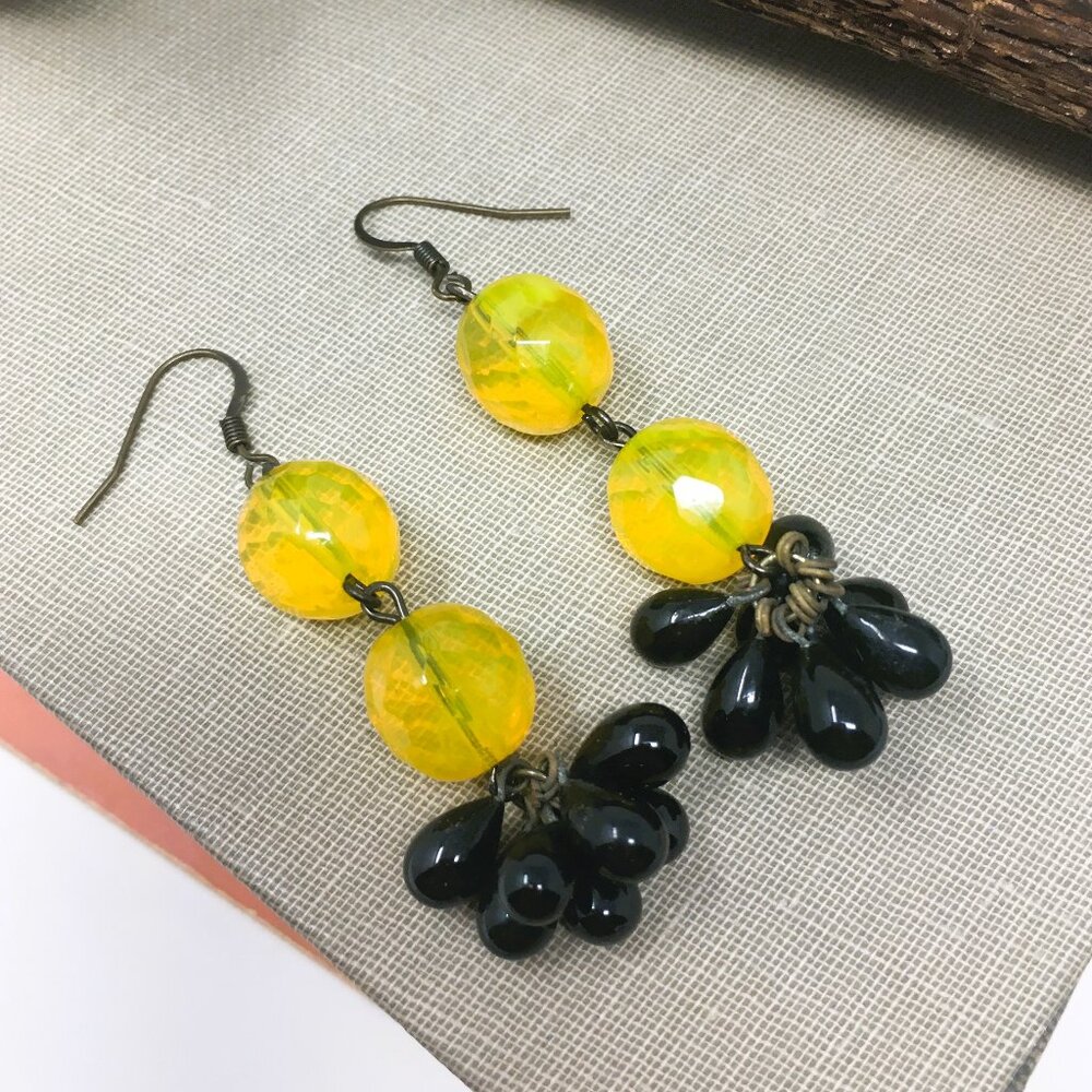 Milky Marbled Yellow Czech Glass Two Drop Black Teardrop Cluster Dangle Earrings